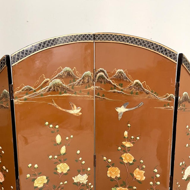 This beautiful Chinoiserie and Black Lacquer Four-Panel Folding Screen Room Divider was made in the 1930s. It has two...