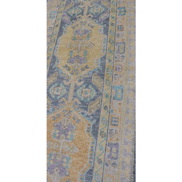 Turkish Oushak Runner in Pale Blue and Soft Gold Medallion Design 2'7 X 12'1 For Sale - Image 9 of 11