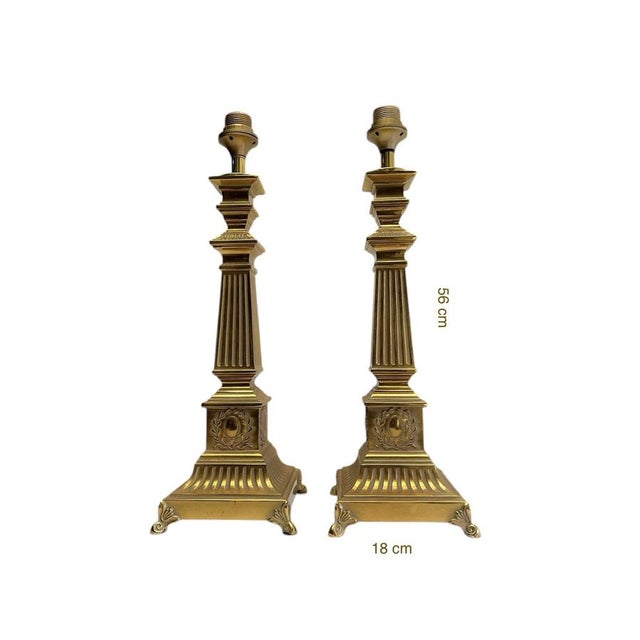 Large Footed Brass Roman Column Table Lamps, 1950s, Set of 2 For Sale - Image 6 of 13