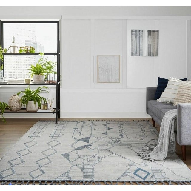 6x9 Ivory Hand-Knotted Wool Linear Motifs Tribal Modern Carpet Rug For Sale - Image 4 of 6