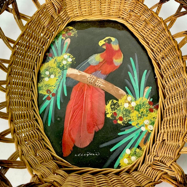 Scarlet 1950s Vintage Mexican Folk Art Original Feather Mixed Media Acrylic Bird Painting With Basket Frame For Sale - Image 8 of 14