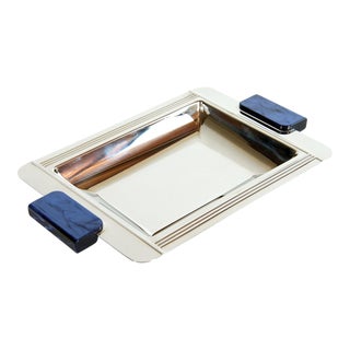 Vintage Jean Couzon French Modernist Stainless Steel & Blue Resin Bar Tray For Sale