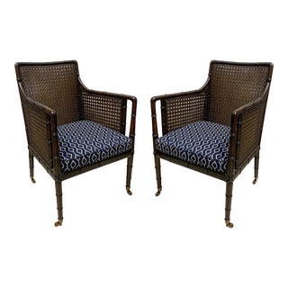 Pair of English Faux Bamboo Caned Club Chairs For Sale