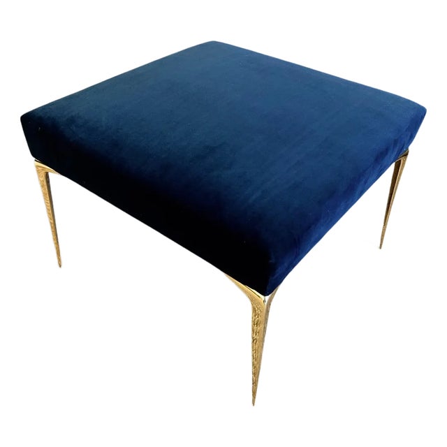 Colette Ottoman in Navy Velvet With Solid Brass Stiletto Legs For Sale