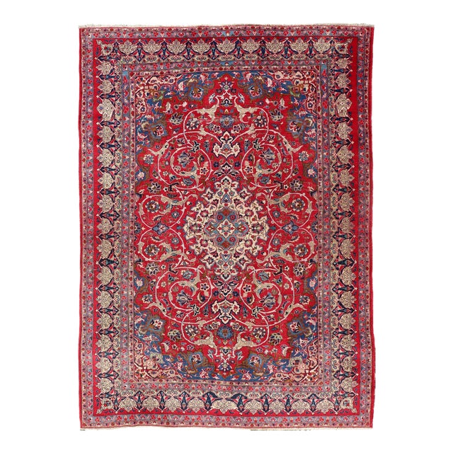 Vintage Persian Isfahan Rug With Red Field and Ivory Medallion Design For Sale