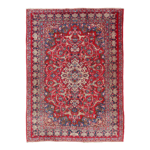 Vintage Persian Isfahan Rug With Red Field and Ivory Medallion Design