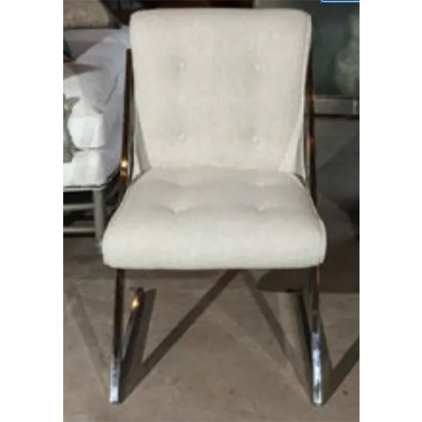 Super cool unique mid-century chrome and linen upholstered dining chairs. Set of 4.