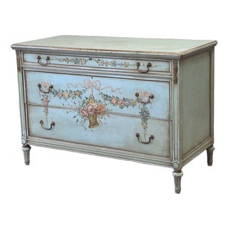 Antique French Floral Painted Mahogany Dresser With Matching Mirror For Sale