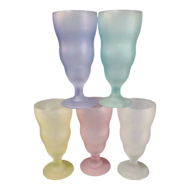 Vintage Frosted Pastel Multicolored Ice Cream Sundae Dessert Glasses- Set of 5 For Sale