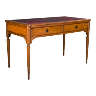 Antique French Louis XVI Style Satinwood Writing Desk W/ Burgundy Leather Top For Sale