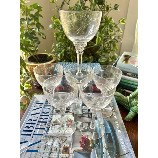 Hollywood Regency Mid to Late 20th Century Tiffin-Franciscan “Forever Yours” Etched Wine Glasses - A Set of 6 For Sale - Image 3 of 7