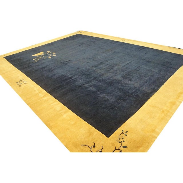 Early 20th Century 1920s Navy Open Field Art Deco Modern Antique Chinese Peking Knotted Wool Rug For Sale - Image 5 of 9