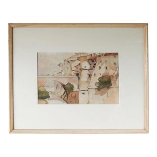 Vintage Sunlit Whitewashed Architecture Watercolor Painting For Sale