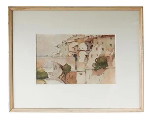 Vintage Sunlit Whitewashed Architecture Watercolor Painting
