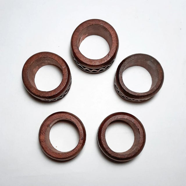 Vintage Carved Teak Napkin Rings From India - Set of 5 For Sale - Image 4 of 6
