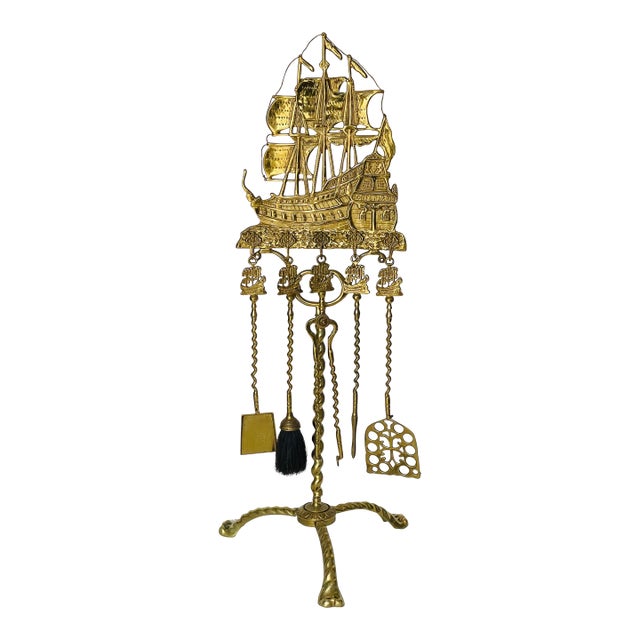 Antique Marine Coastal Heavy Brass Fireplace Tools Set- 6 Pieces For Sale