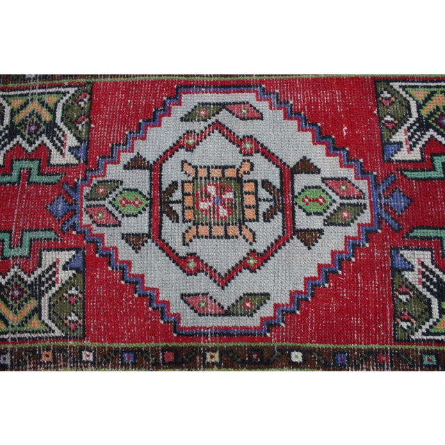 Red 1950s Turkish Vintage Hand Knotted Geometric Doormat Rug For Sale - Image 8 of 13