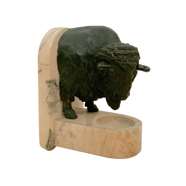 Vintage Cast Metal Bison Bookend With Marble Base, Bronze Finish For Sale - Image 4 of 8