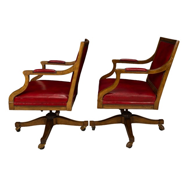 Pair of 1980s Baker Furniture Rolling Executive Chairs in Carved Wood & Burgundy Vinyl Upholstery For Sale - Image 12 of 18