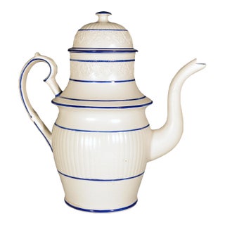 Early 19th Century Castleford-Type White Stoneware Coffeepot, Blue Lined, English Regency For Sale