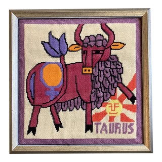 1970’s Hand Done Needlepoint Picture Astrological Sign Taurus For Sale