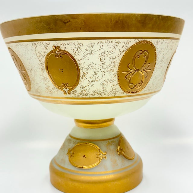 Vintage Imperlux Bohemian Glass Pedestal Fruit Bowl | Satin White Glass W/ 24k Gold Medallion Decorations | Czech Art Glass For Sale - Image 4 of 7