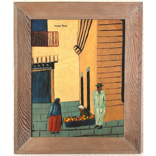 Wood 1970s Folk Art Mexican Painting of a Street Scene With Figures, Signed For Sale - Image 7 of 7