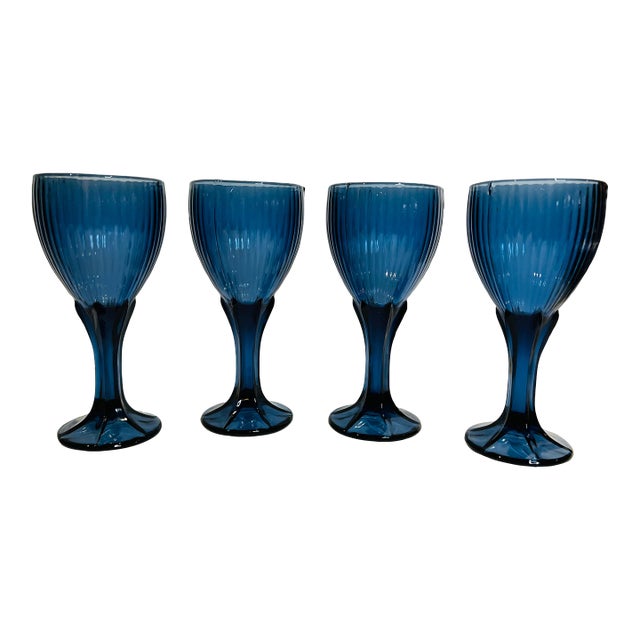 Fostoria Monet Dark Blue Wine Glasses Goblets Set of 4 For Sale