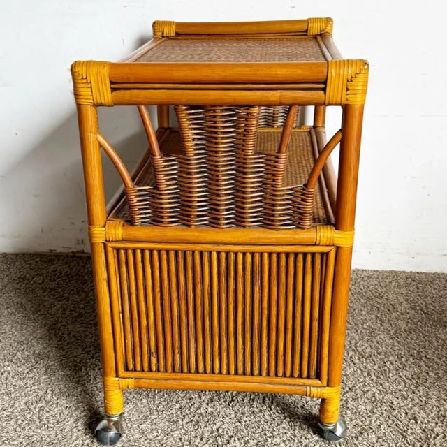 1990s Boho Chic Bamboo Rattan and Wicker Bar Cart For Sale - Image 5 of 10