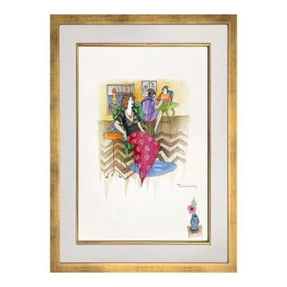 Itzchak Tarkay, Midday Soiree, Hand Signed Original Watercolor on Paper, Framed For Sale