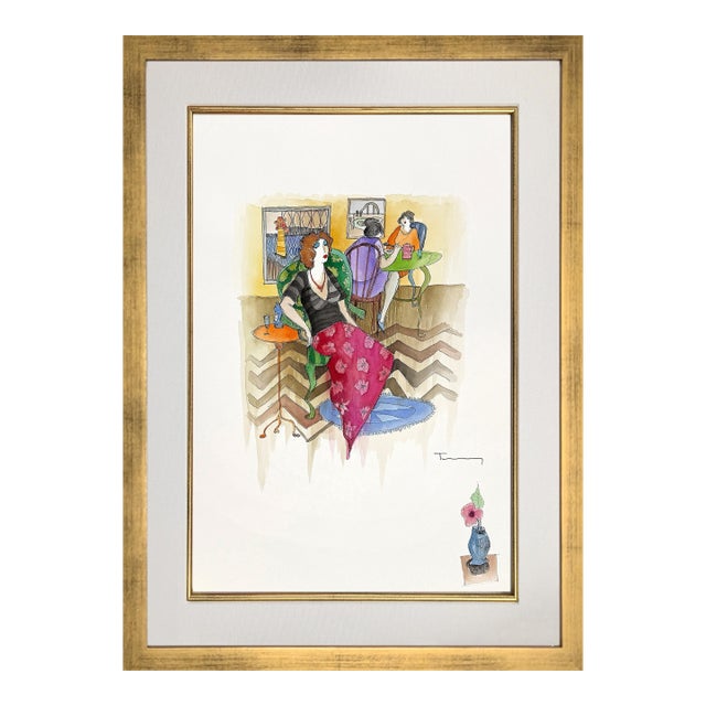 Itzchak Tarkay, Midday Soiree, Hand Signed Original Watercolor on Paper, Framed For Sale
