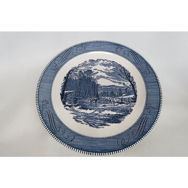 Mid 20th Century Mid-Century Modern Currier and Ives Large Blue Chop Plates Getting Ice Pattern - a Pair For Sale - Image 4 of 10