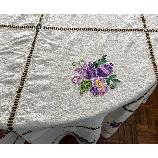 Folk Art Antique Finely Hand Embroidered Flowers Linen Tablecloth For Sale - Image 3 of 9