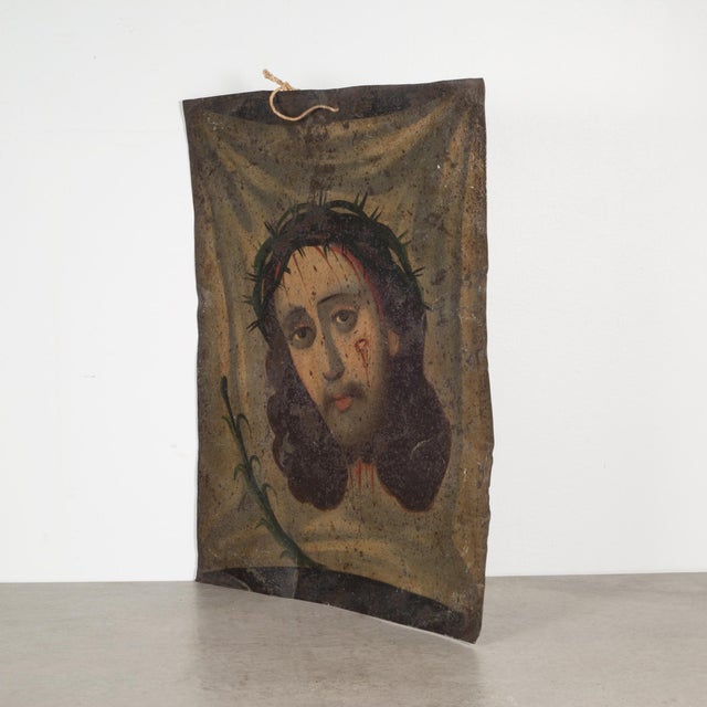 ABOUT An original 19th century Mexican folk retablo "Veronica's Veil" or "El Divono Rostro" in Spain . Oil paint on tin....