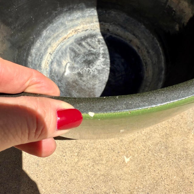 1970s Mid Century Modern Fun Green & Yellow Glazed Pottery Planter 14”x13” MCM For Sale In Palm Springs - Image 6 of 8