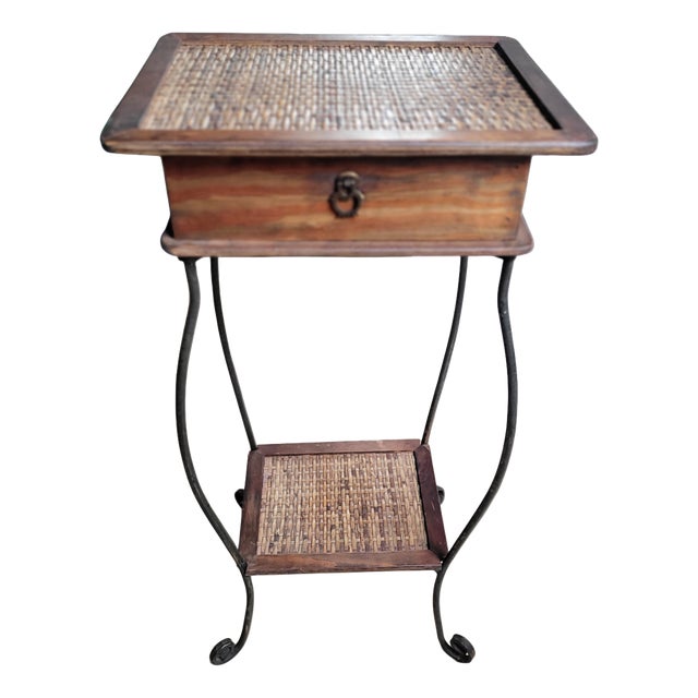 Vintage Mediterranean Revival Woven Rattan and Wood Side Table with Iron Base and Drawer, 1950s For Sale