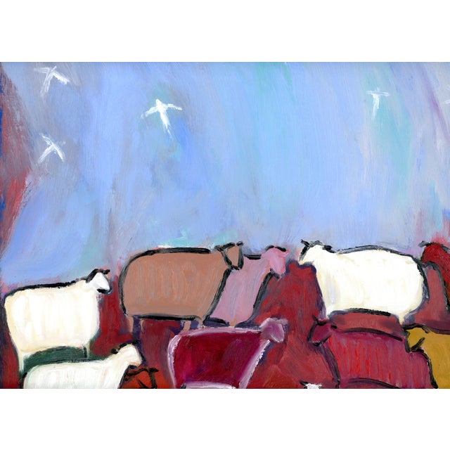 Contemporary Birds, Sheep and Angels, Modern Impressionist Pastoral Landscape Oil Painting, Signed For Sale - Image 3 of 11