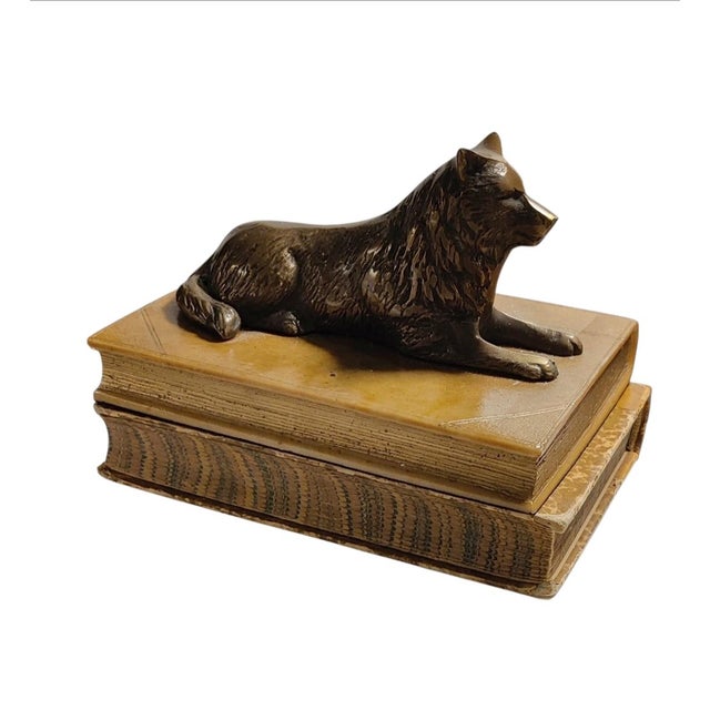 Vintage Sculpture ~ Bronze Wolf Lying on Top of a Book For Sale - Image 10 of 11