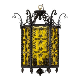 1900s Iron & Amber Glass Gothic Art Nouveau Lantern For Sale