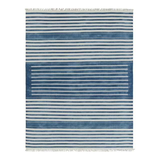 Rug & Kilim's Contemporary Dhurrie Rug in Dark Blue and White Stripes - 10x14 For Sale