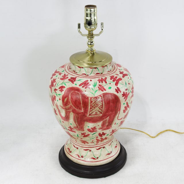 Folk Art Pair of Vintage Brunschwig & Fils Cadiz Table Lamps - Red and Cream Ceramic With Elephant and Camel Motif For Sale - Image 3 of 13