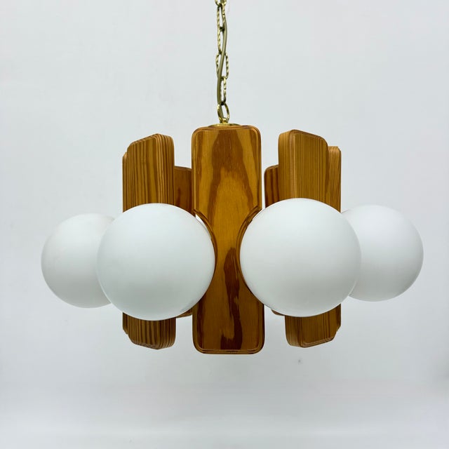 Vintage Pine Wooden Chandelier with Glass Globes, 1970s For Sale - Image 9 of 18
