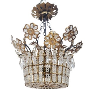 Vintage French Designer Mid-Century Modern Crystal & Bronze Flower Basket Chandelier For Sale