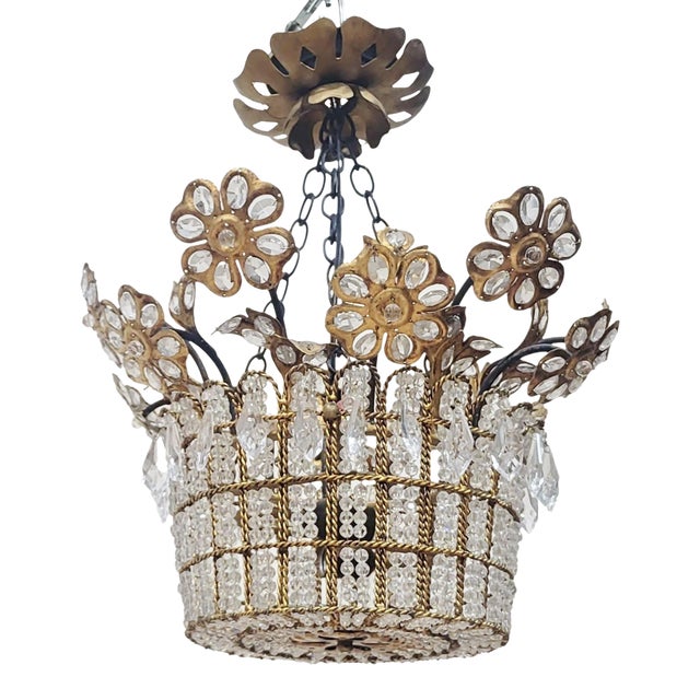 Vintage French Designer Mid-Century Modern Crystal & Bronze Flower Basket Chandelier For Sale