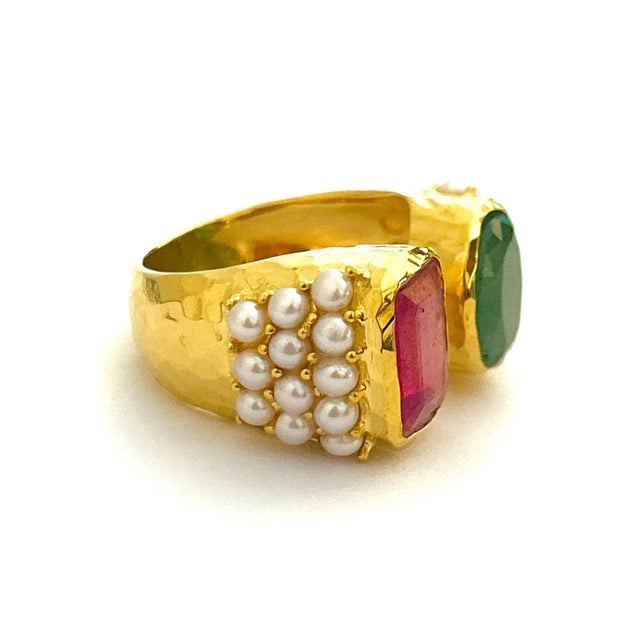 Metal Bochic “Orient” Red Ruby, Green Emerlad & Pearl Ring Set 18K Gold & Silver, Size 6.5 For Sale - Image 7 of 11