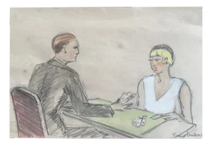 France Lambert, The Card Game, 1925, Signed Watercolor