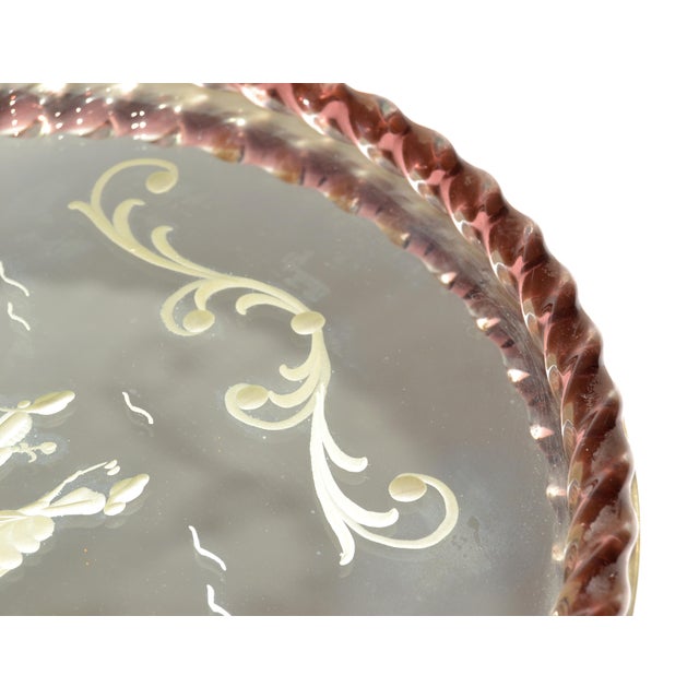 1950s Round Venetian Etched Rope Burgundy Art Glass Mirrored Tray Bronze Handles For Sale - Image 10 of 18