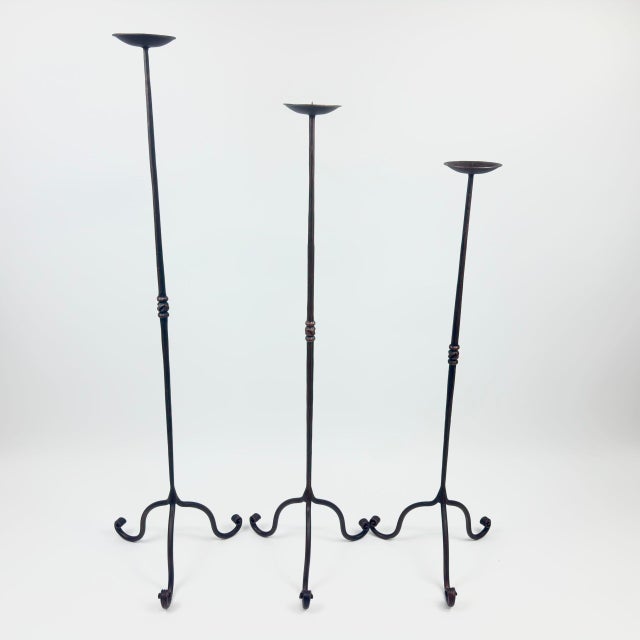 Metal Hand Forged Iron Candelabra Set of 3 (92-112cm) Antique Copper Finish Straight Stem with French Scroll Base For Sale - Image 7 of 7
