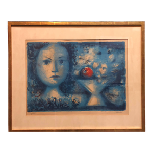Luis Vidal MolnéSpanish Catalan Surrealist Lithograph Portrait Girl with Fruit Still Life
