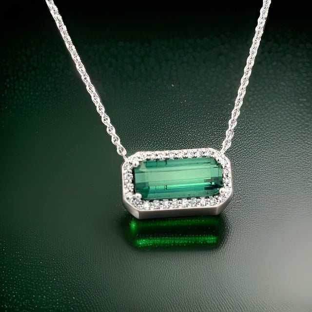 Natural Tourmaline Diamond Pendant Necklace 18" 14k W Gold 3.51 TCW Certified For Sale In New York - Image 6 of 10
